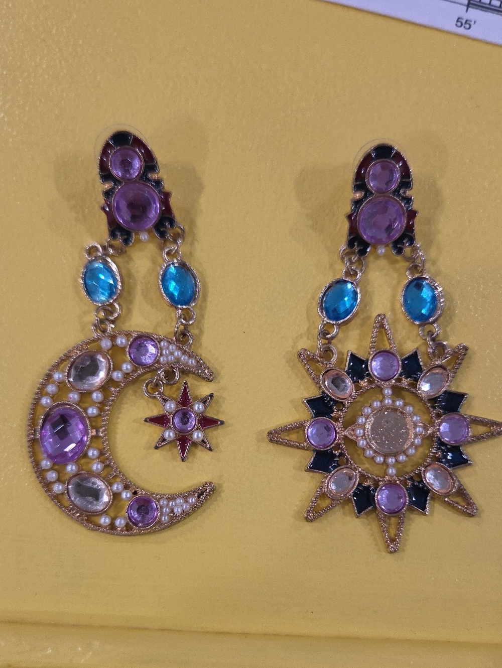 Gold-Tone Celestial Moon & Star Drop Earrings with Purple and Blue Stones